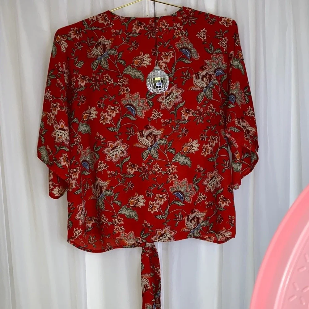 Como Vintage Red Flutter Sleeve Blouse with Tie Front